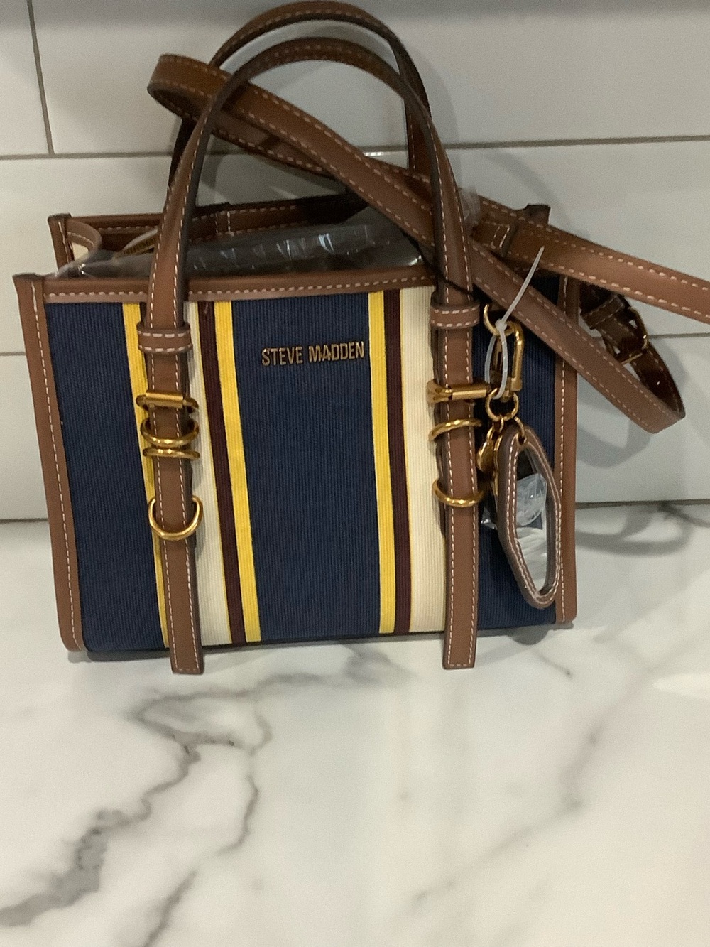 Steve Madden Navy, Brown & Yellow Striped Canvas Messenger Bag